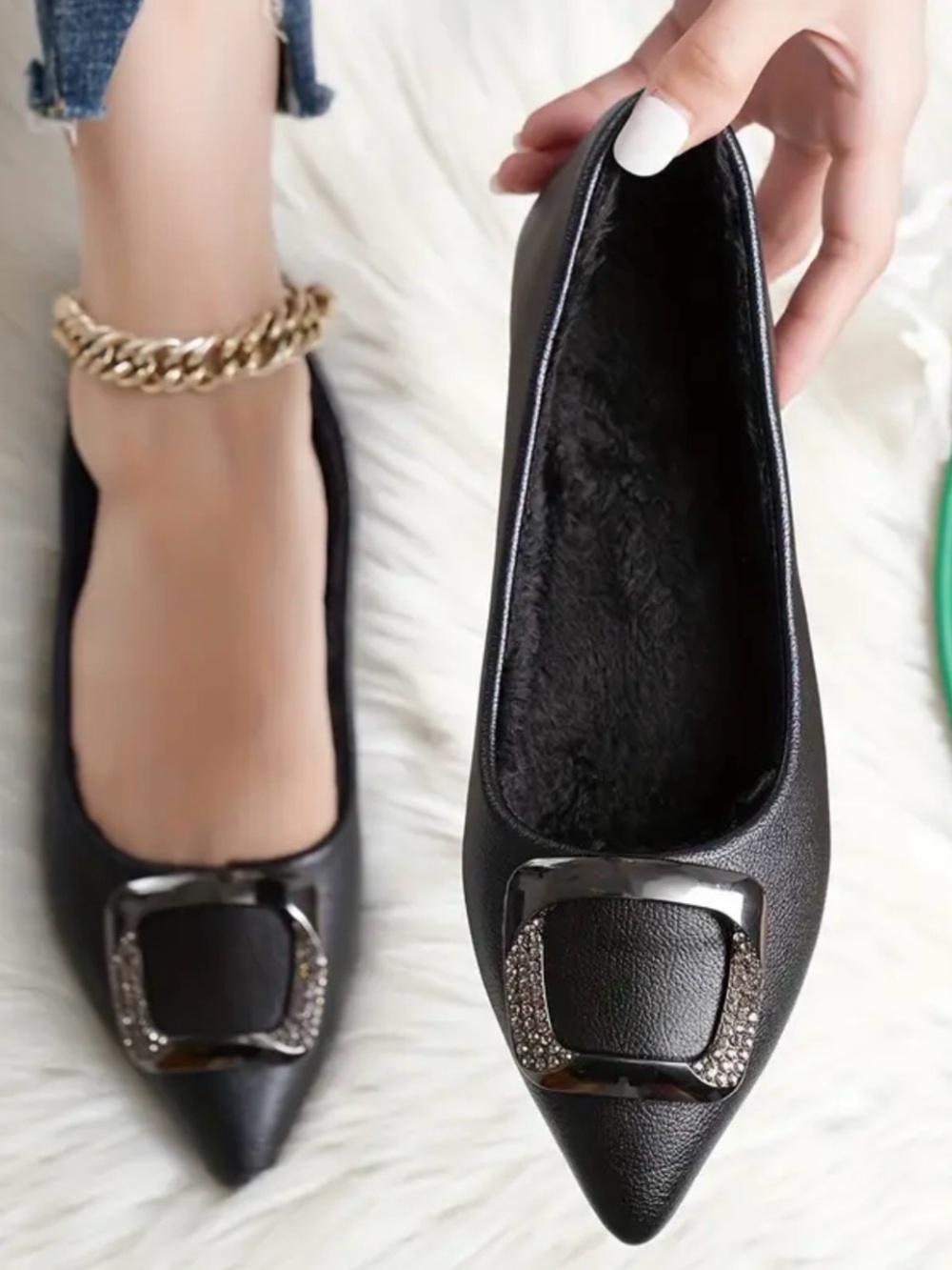 Black Pointed Toe Ballet Flats with Decorative Buckle